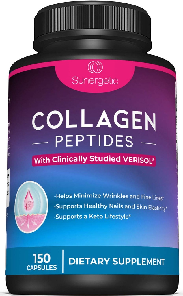 Sunergetic Premium Collagen Capsule Capsules – 2500 mg of VERISOL Collagen of Type 1 & Type 3 – Multi Collagen Supplement to Support Joint Health, Hair, Skin & Nails – 150 Collagen Capsules