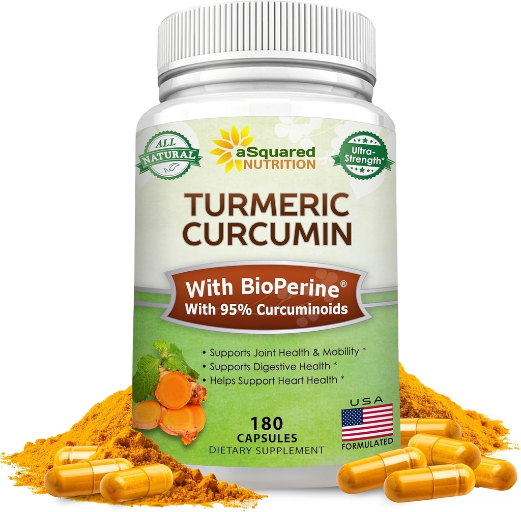 ASquared Beslenme Turmeric Curcumin 1300 mg with BioPerine Black Pepper Extract - 180 Capsules -% 95 Curcuminoids, 100% Natural Tumeric Root Toz Supplements, Pure & Joint Stiffness Pills