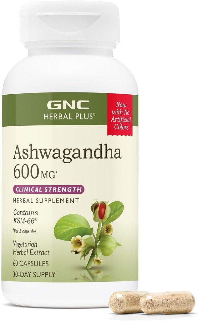 GNC Herbal Plus Ashwagandha 600 mg Supplement, Klinik Kuvvet, Vejetaryen, Stres Yardımı, 30 Hizmet