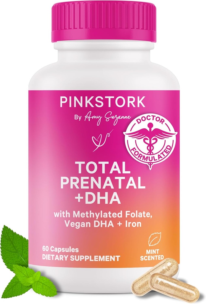 Pink Stork Total Prenatal Vitamins with DHA, Folate, Iron, Choline, and Vitamin B12 - Preconception Beslenme - Prenatals for Women, Orchid Essentials - Mint Essence, 60 Capsules, 1 Ay Supply, 60 Capsules, 1 ay Supply