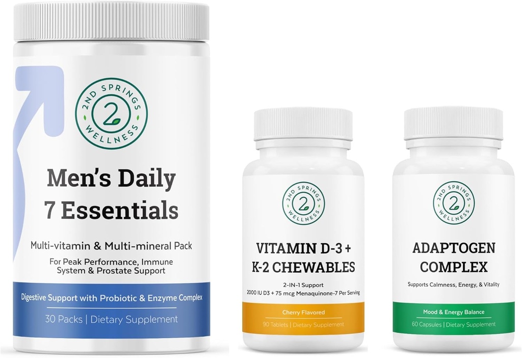 Erkeklerin Günlük 7 Essentials, Adaptogen Kompleksi & Vitamin D3 + K2 Chewables Sche