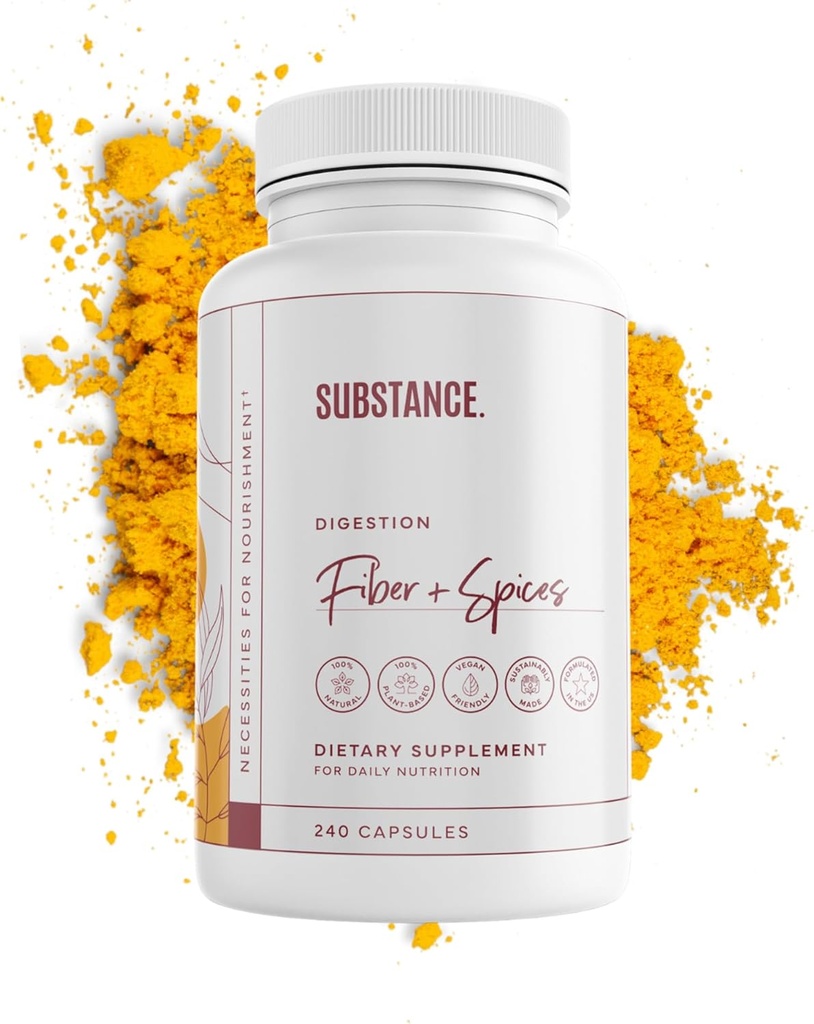 SUBSTANCE. - Nature's Fiber & Spices for Digestive Wellness - Supports Colon Cleanse - Psyllium Husk, Flax Tohum & Ginger - Diyetsel Fiber Supplement - Vegan-Friendly - 240 Capsule