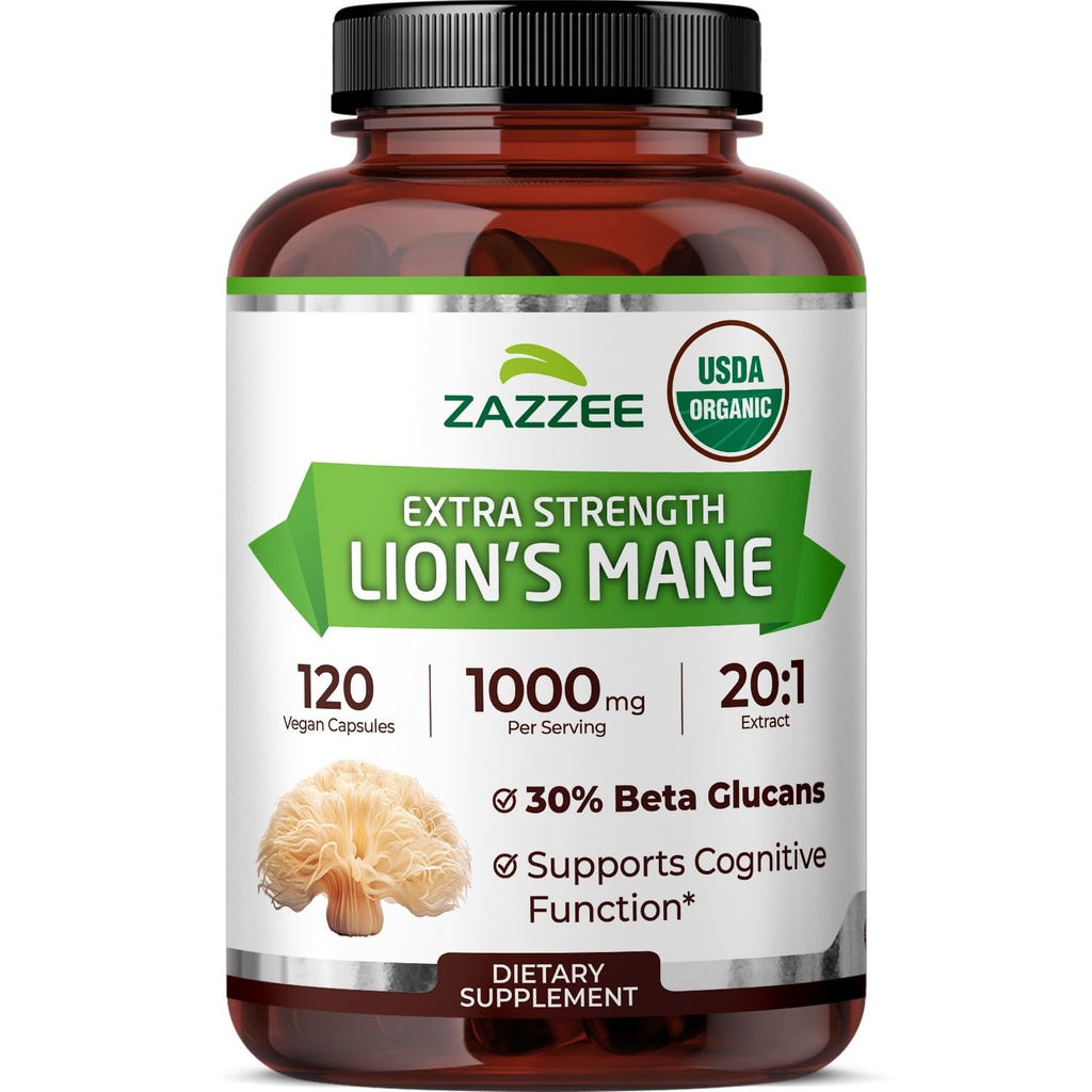 Zazzee USDA Organic Lion's Mane 20:1 Extract, 30% Πολυσακχαρίτες, 16.000 mg Δύναμη, 120 Vegan Κάψουλες, Nootropic για Εγκεφαλική Υγεία, Εστίαση, Μνήμη, Συγκέντρωση και Ανοσολογική Υποστήριξη, Κατασκευασμένο στις ΗΠΑ
