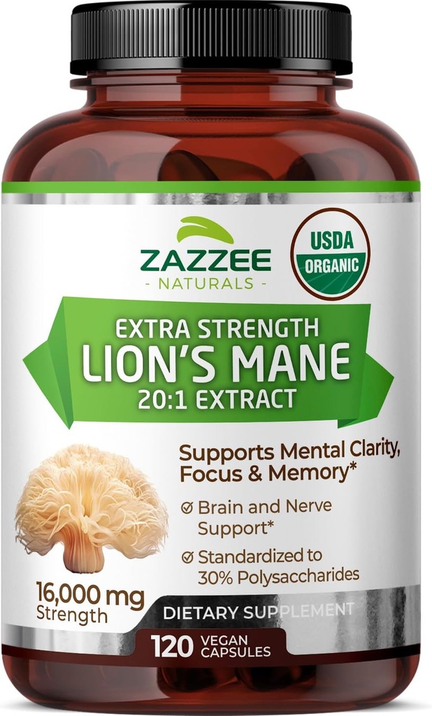 Zazzee USDA Organik Lion's Mane 20:1 Ekstraksiyon,% 30 Polysaccharides, 16.000 mg Güçlü, 120 Vegan Capsules, Nootropic for Brain Health, Focus, Memory, Concentration and Immune Support, Made in the USA