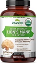 Zazzee USDA Organik Lion's Mane 20:1 Ekstraksiyon,% 30 Polysaccharides, 16.000 mg Güçlü, 120 Vegan Capsules, Nootropic for Brain Health, Focus, Memory, Concentration and Immune Support, Made in the USA