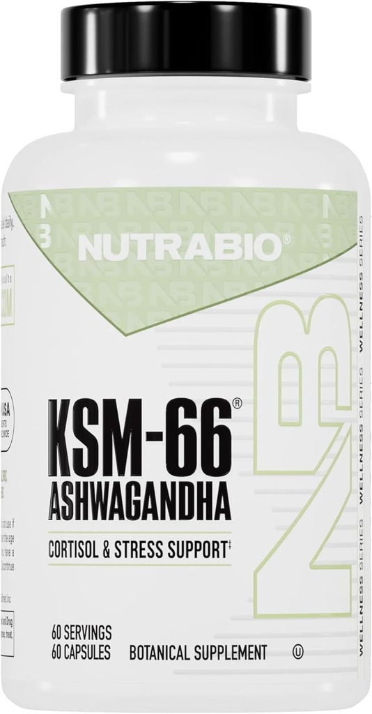 NutraBio Ashwagandha KSM-66 | Ashwagandha Herbal Supplement for Stress, Mood, & Performance | 600 MG of Klinikly Studied KSM66 60 Capsules