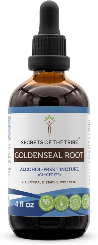 Secrets of the Tribe Goldenseal Root Tincture Alcohol-Free Extract, High-Potency Herbal Drops, Tincture Made from Responsibly farmed Goldenseal Hydrastis Canadensis Healthy Digestion 4 oz