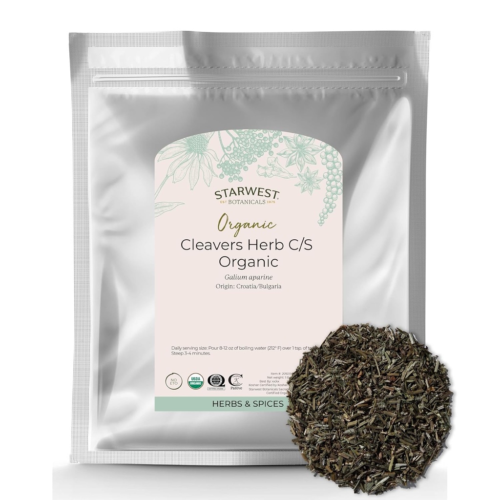 Starwest Botanicals Cleavers Herb Organic - Kuru Loose Leaf Herb for Tea, Tinctures, & Herbal Mixs, Natural Wellness Support for Women & Men, Cut & Sifted, Certified Kosher, Non-GMO - Bulk 1 lb Bag