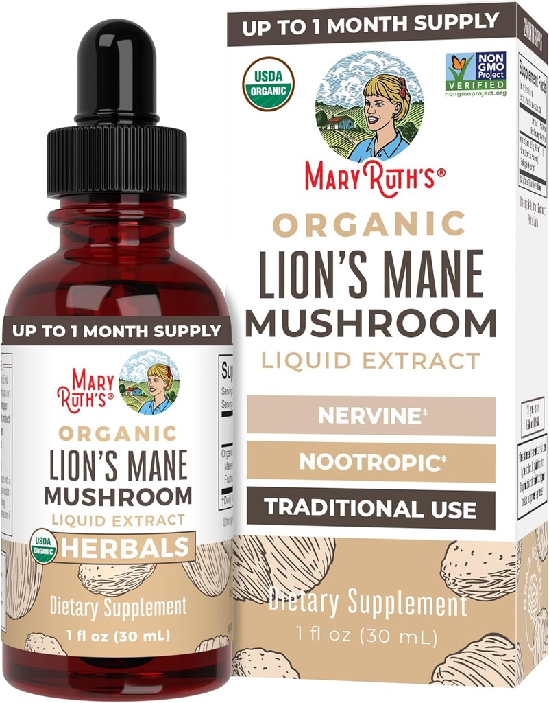 MaryRuth Organics Lions Mane Mushroom Supplement, Μέχρι 1 Μήνα προσφοράς, Nootropic USDA Organic Lions Mane Extract Nervine Herbal Liquid Drops, Εγκεφαλική Υγεία Μη-GMO Vegan Αλκοόλ Δωρεάν Βάμμα, 1 fl Oz