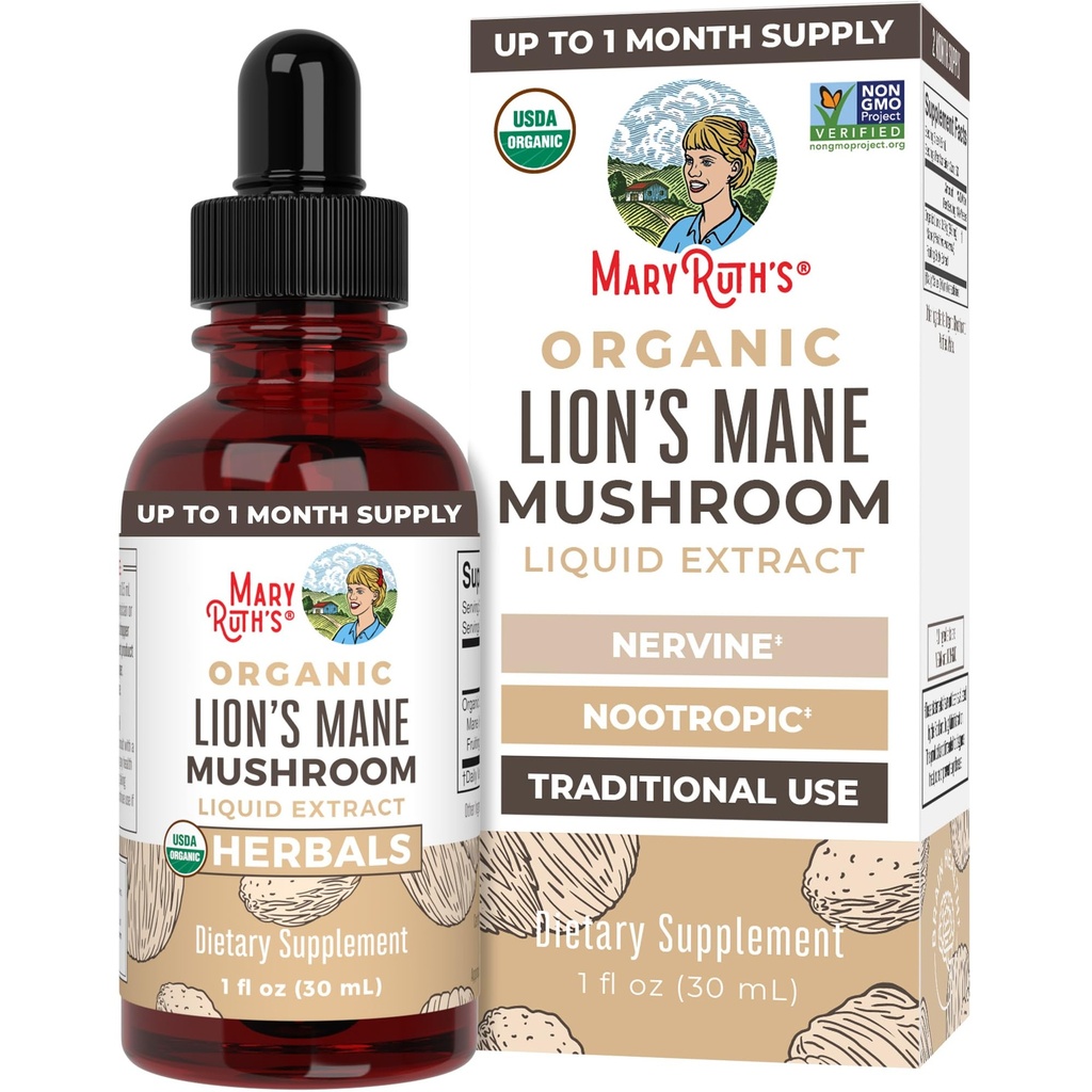MaryRuth Organics Lions Mane Mushroom Supplement, Up to 1 Ay Supply, Nootropic USDA Organik Lions Mane Çeviri Nervine Herbal Liquid Drops, Brain Health Non-GMO Vegan Alkol Ücretsiz Tincture, 1 Fl Oz