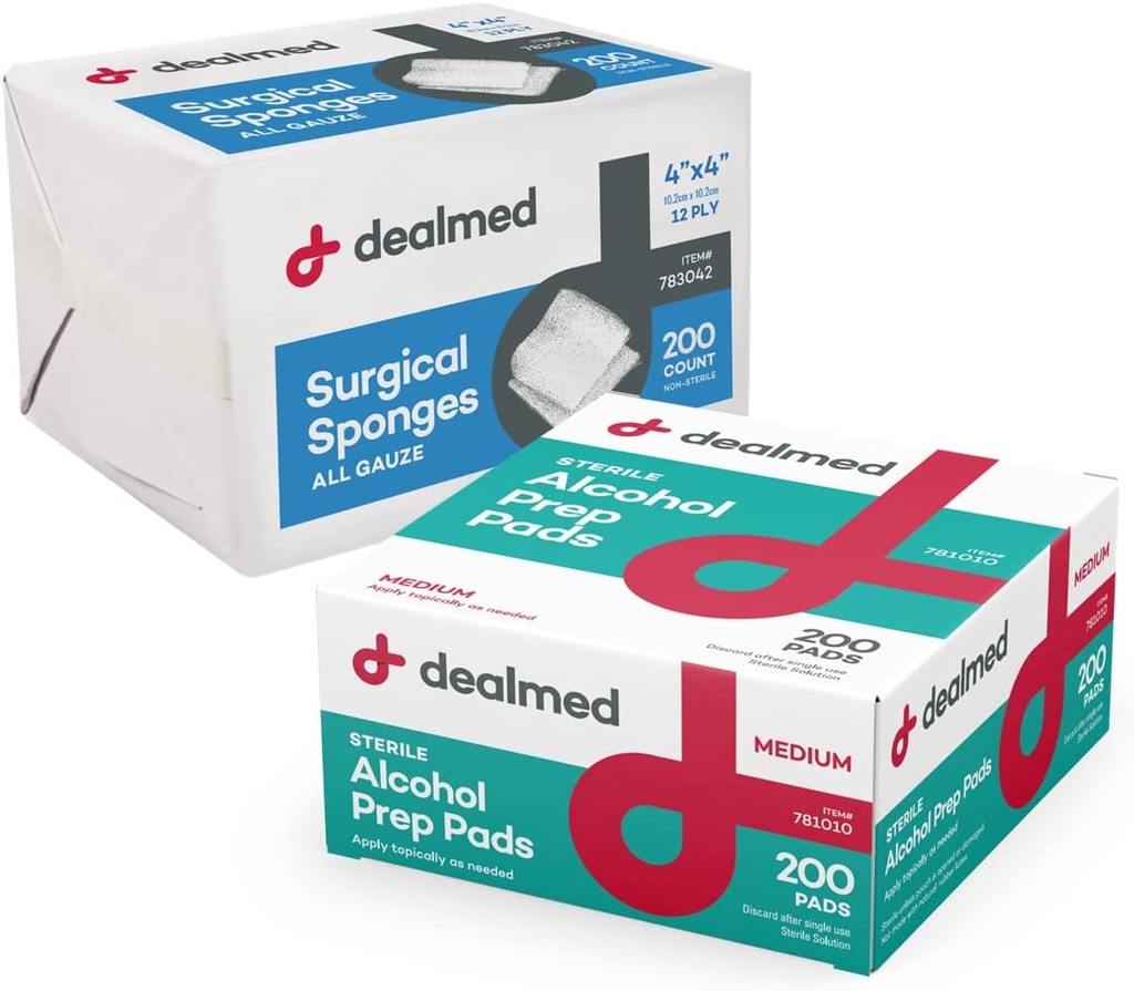 Dealmed Alkol Prep Pads ve Gauze Sponge Sche | 200 Kont Medium Boyut Alkol Pads Plus 4" x 4" Cerrahi Sponge Gauze Pads 200 Kont