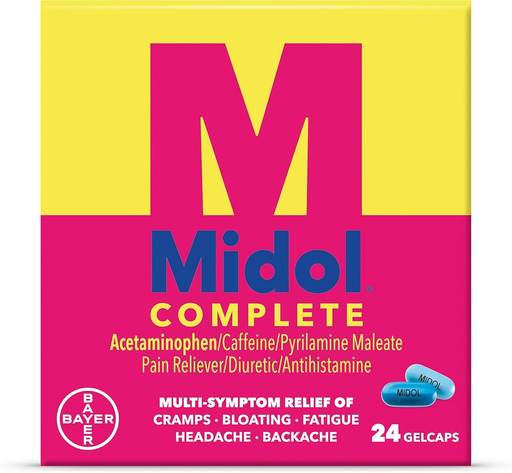 Midol Complete Gelcaps 24ct: Midol Complete Menstrual Pain Relief Gelcaps with Acetaminophen for Menstrual Symptom, PMS Relief, and Term Cramp Relief - 24 Count (Package May Vary)