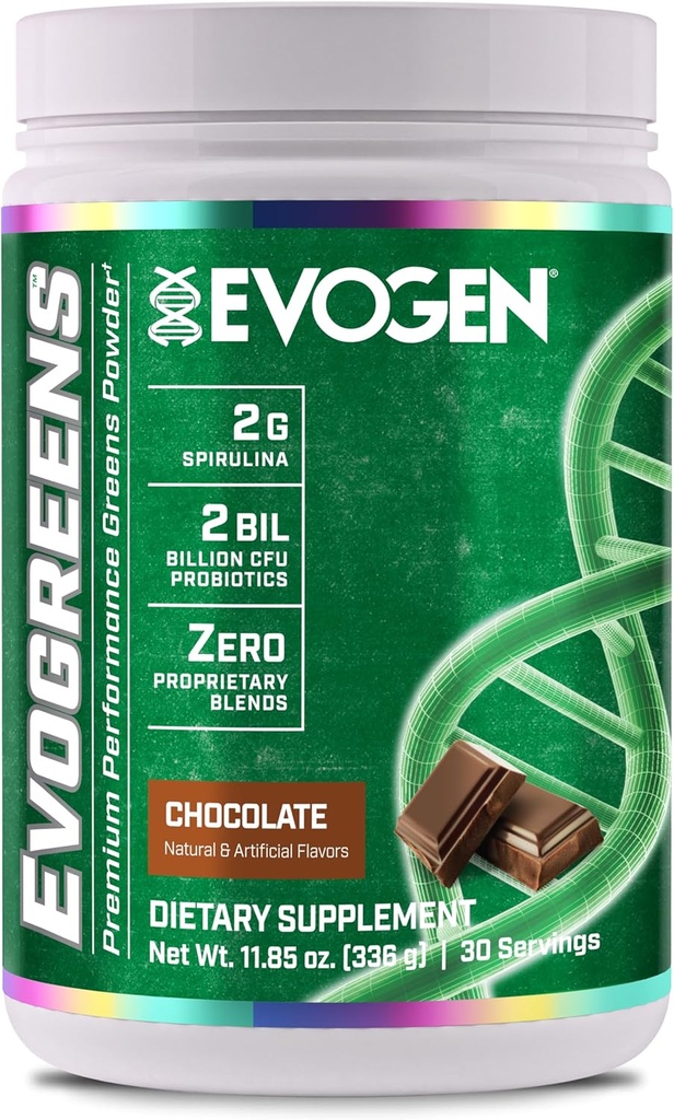 Evogen Evogreens | Premium Performans Yeşiller Superfood, Spirulina, Pomegranate, Probiyotiks, Kale | 30 Hizmet (Chocolate, 30 Hizmet)