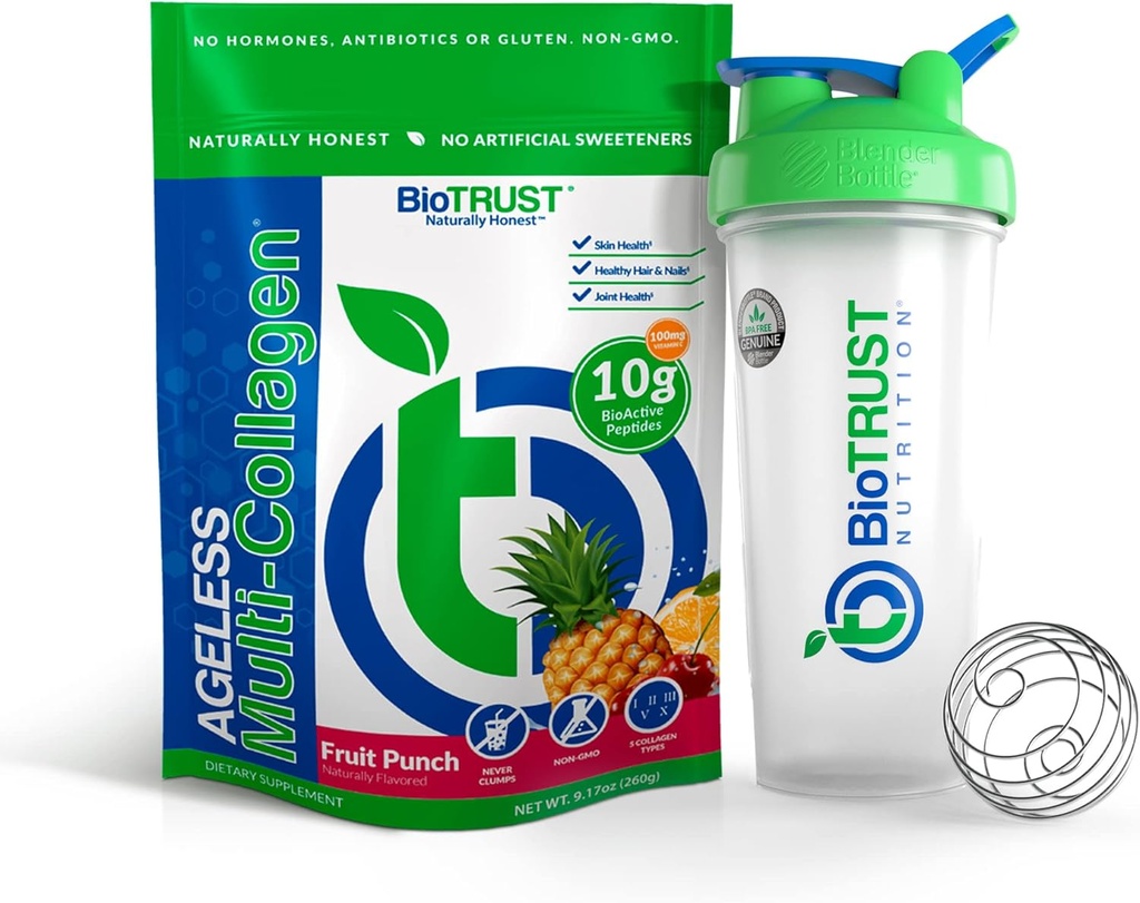BioTrust Ageless Multi Collagen 5-σε-1 Protein Powder (Fruit Punch) BlenderBottle Bundle