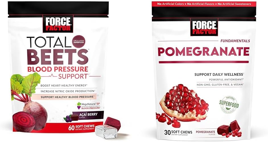 Force Factor Total Beets Υποστήριξη της Πίεσης του Αίματος Συμπληρώματα με Σκόνη τεύτλων & Ρόδι Μαλακά Μάσημα για Υγιή Γήρανση, Υγεία της Καρδιάς, Υγεία των Οστών, & Υγεία του εγκεφάλου