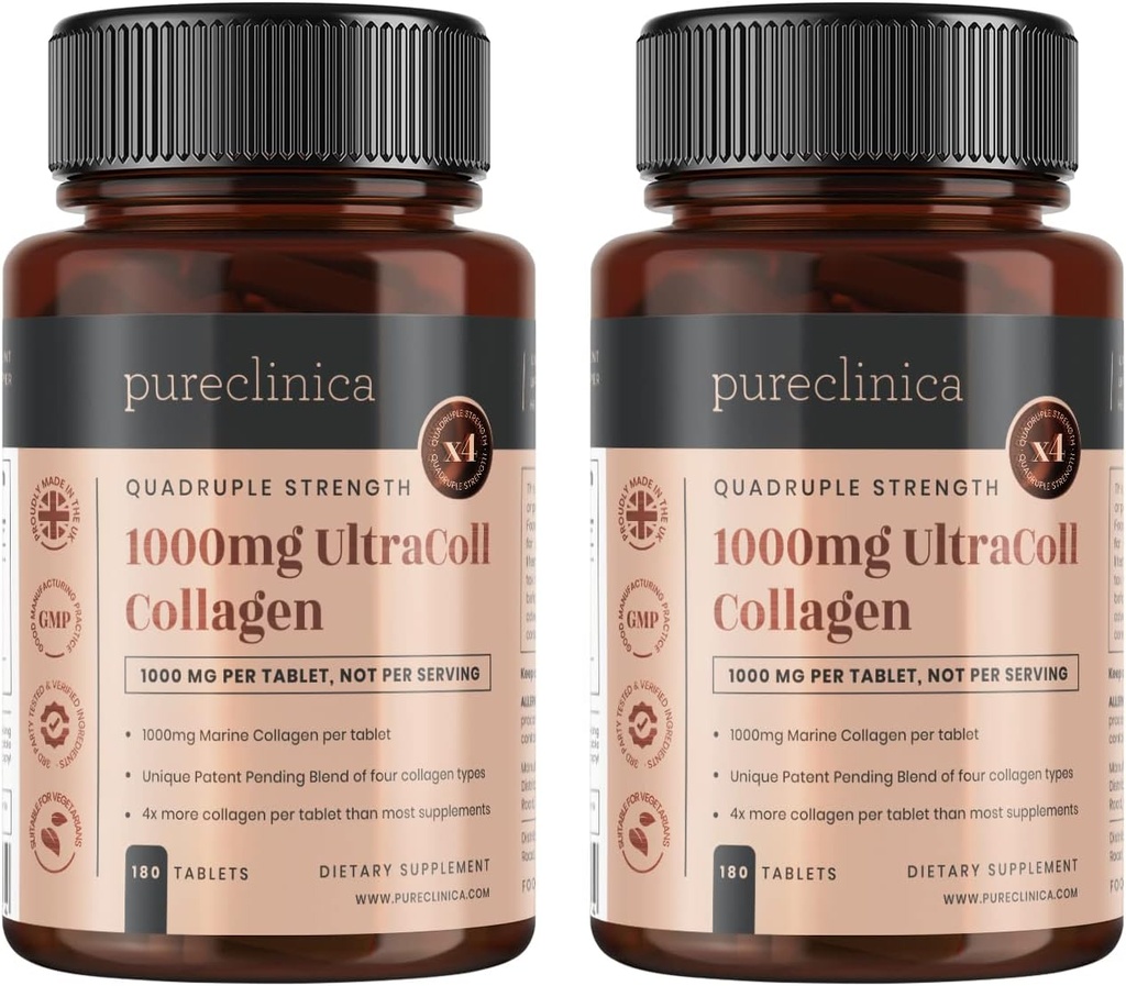 Pureclinica UltraColl Marine Collagen 1000mg x 360 δισκία (2 φιάλες των 180 δισκίων - 6 μήνες προσφοράς). Οι μόνοι τύποι κολλαγόνου κατά της γήρανσης I, II, III και VII.