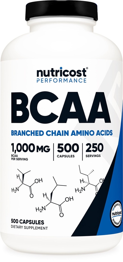 Nutricost BCAA 1000 mg, 500 Capsules (250 Serv), 2:1 Branşlı Zincir Amino Asits (500 mg of L-Isoleucine and L-Valine)