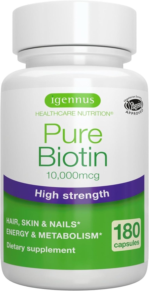 Igennus Clean Biotin 10.000 Telefon, Yüksek Potency B7, Lab Onaylandı, Vegan, 1-a-Day, Small Easy to Sw Capsules, No After Taste or Mixallergenicic