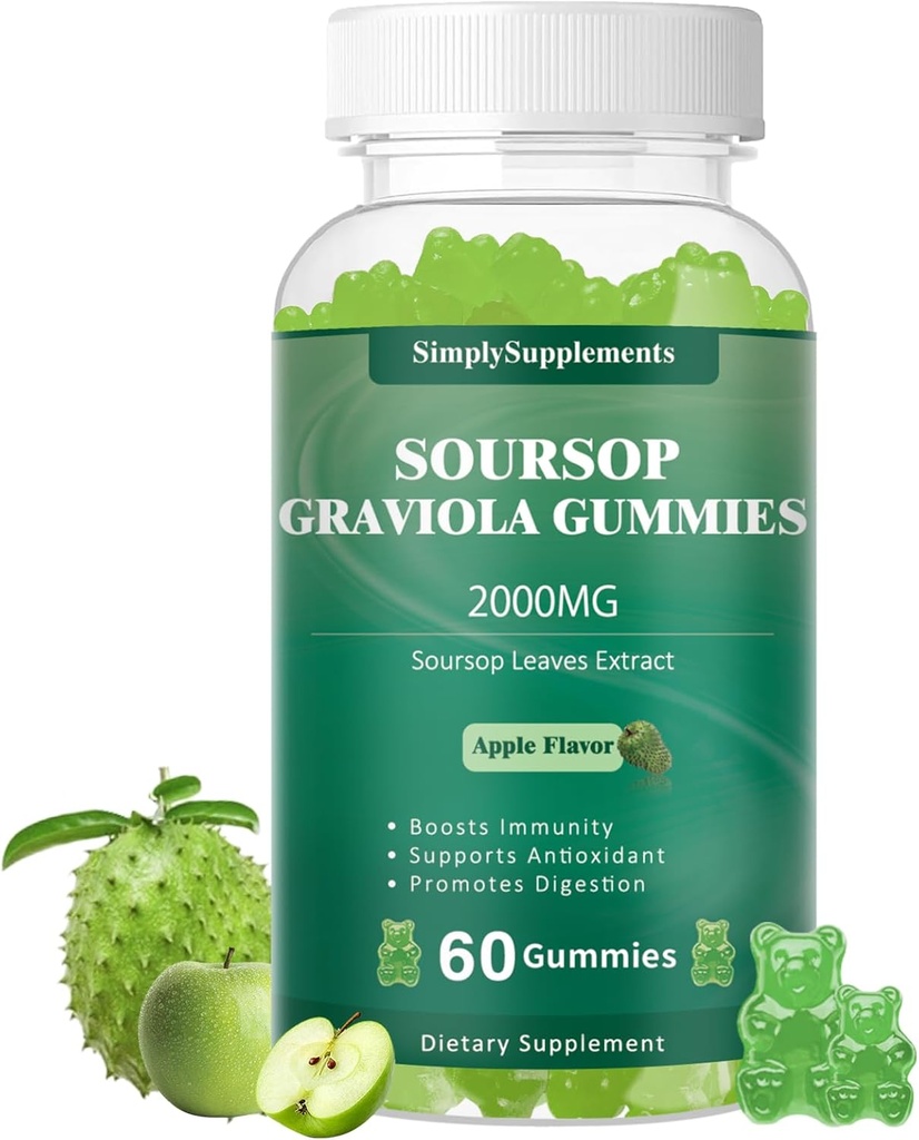 Soursop Graviola Gummies, Organik Soursop Antioksi için 2000 mg, Immune Support & Digestive Promosyon, Vegan - Green Apple Flavor - 60 Gummies