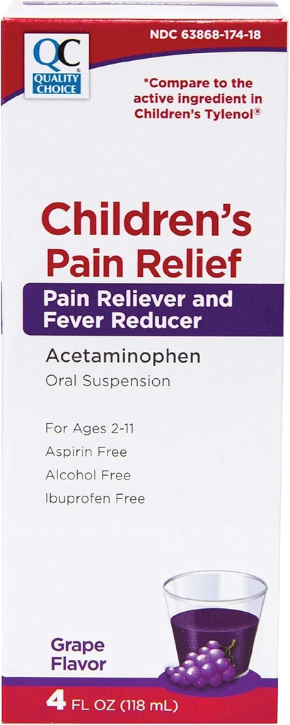 Quality Choice Children's Pain Relief & Fever Reucer for Kids, 4fl oz Acetaminophen 160mg per 5ml, Ibuprofen & Aspirin Free, Liquid Cold and Flu Medicine for Kids, Regular Strength OTC Medicine