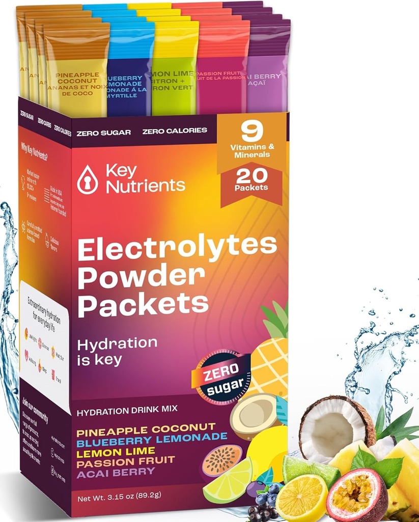 KEY NUTRIENTS Elektrolytes Toz Paketi No Sugar - 5 Delicious Flavors in Hydration Packets 20 Pack - No Calories, Gluten Free Electrolytes Toz Packets, Non GMO, Made in USA