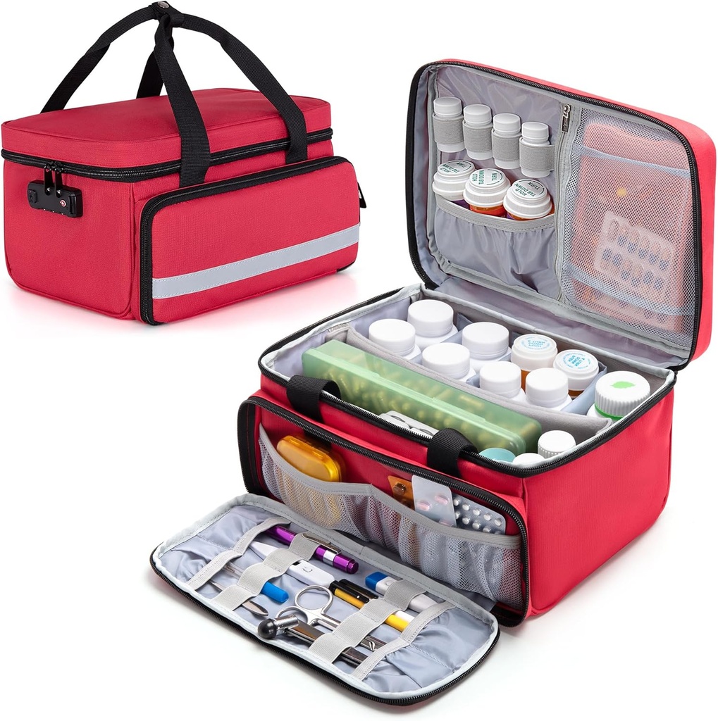 CURMIO Pill Bottle Organizer, Τσάντα Ιατρικής με Κλείδωμα για Συνταγές Μπουκάλια και Κιτ Πρώτων Βοηθειών, Κόκκινο (Patented Design)