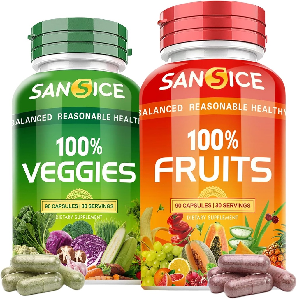 Meyveler ve Veggies Tamam, Doğal Meyve ve Sebze Vitaminleri Soy Free & Non-GMO Sebze ve Meyve Supplements for Women Men and Kids - 90 Fruit Capsules, 90 Veggie Capsules