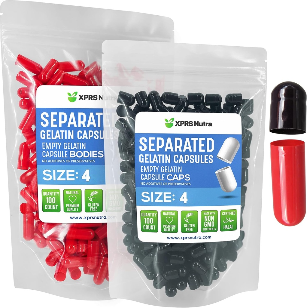 XPRS Nutra Gelatin Μέγεθος 4 Ξεχωριστές κάψουλες - 100 κόμης μικρές κενές κάψουλες χωρισμένες σε σακούλες - DIY Fillable Caps - Μέγεθος 4 Gel Do-It-Yourself συμπλήρωμα βιταμίνης πλήρωσης (μαύρο/κόκκινο)
