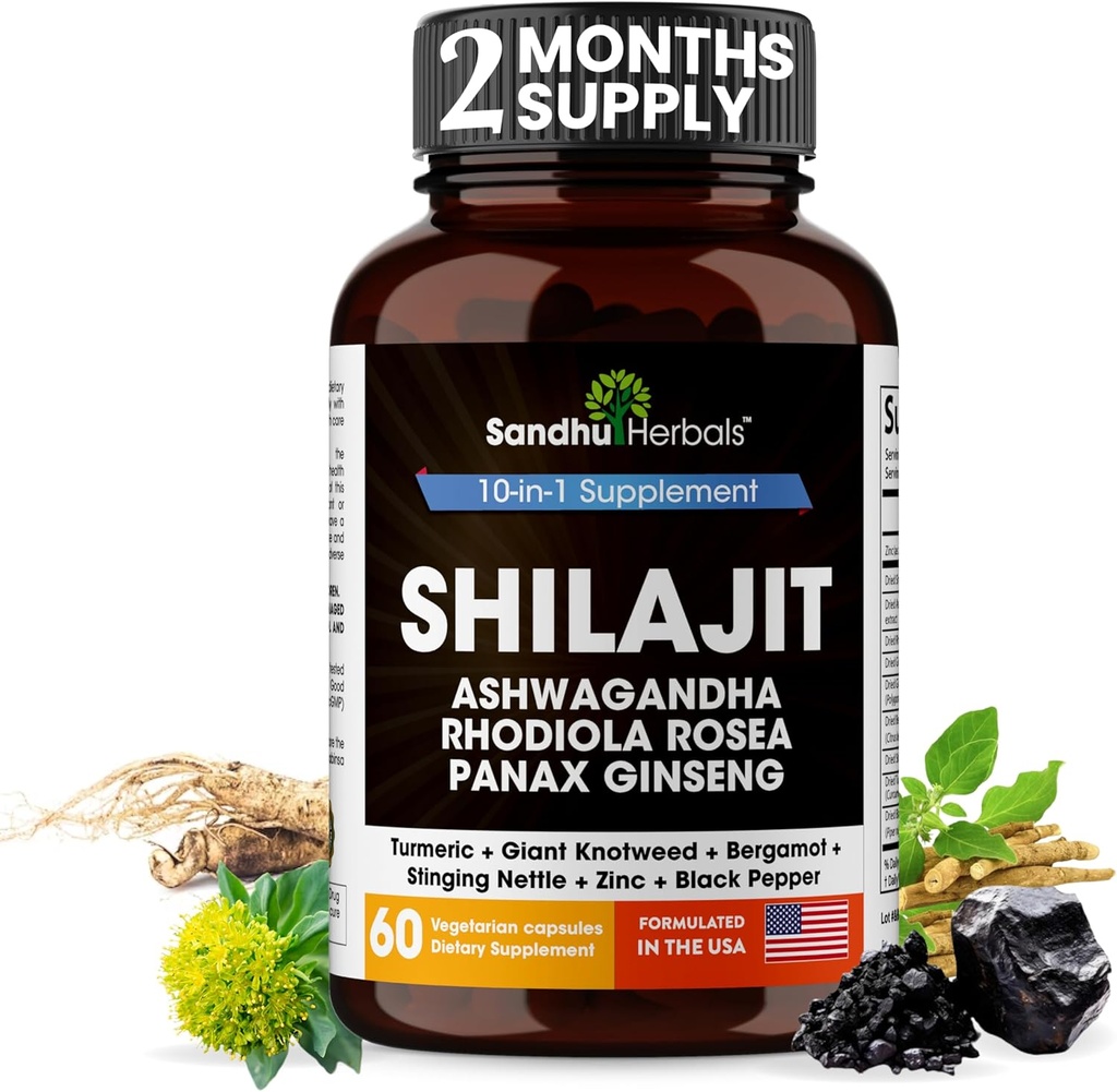 SANDHUHERBALS Shilajit Capsules for Men & Women | Pure Himalaya pla with Ashwagandha | High Potency and Energy Supplement | 2 Ay Supply | for Extra Power and Stamina | Combo with Sea Moss