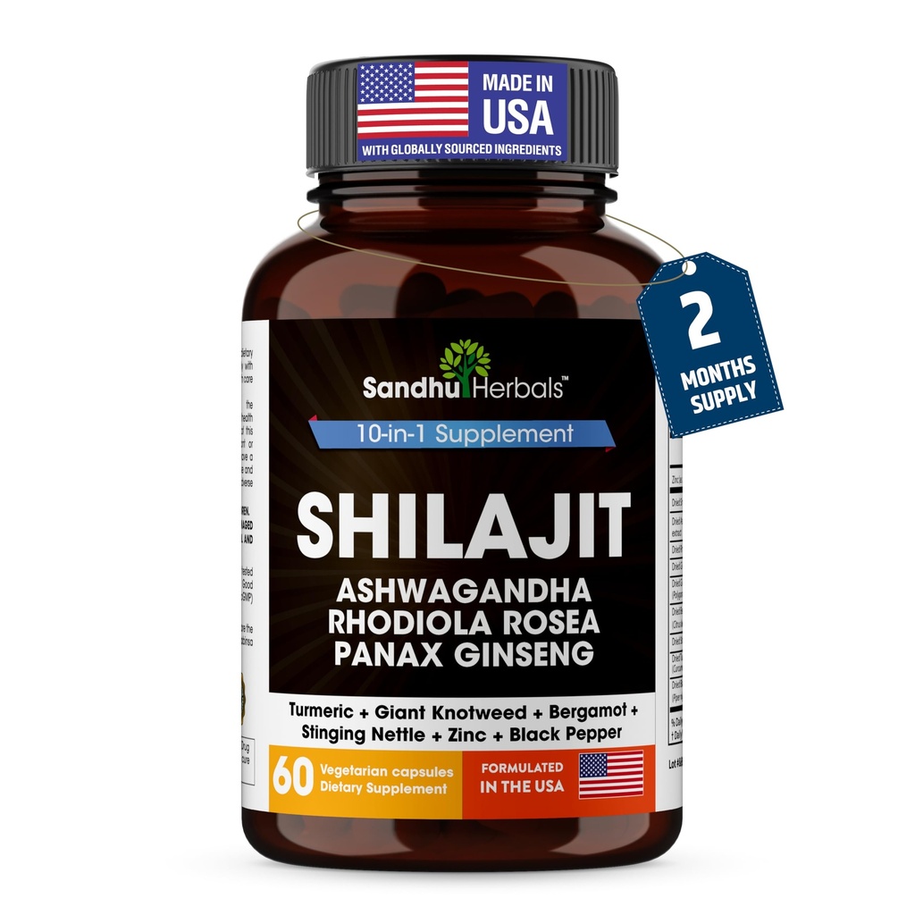 SANDHUHERBALS Shilajit Capsules for Men & Women | Pure Himalaya pla with Ashwagandha | High Potency and Energy Supplement | 2 Ay Supply | for Extra Power and Stamina | Combo with Sea Moss