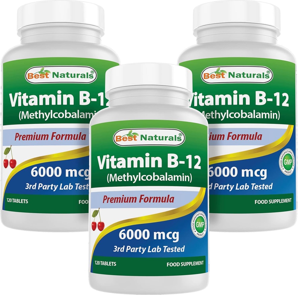 Best Naturals Vitamin B-12 as Methylcobalamin (Methyl B12), 6000 mcg 120 Sublingual Tablets (120 Count (Pack of 3))