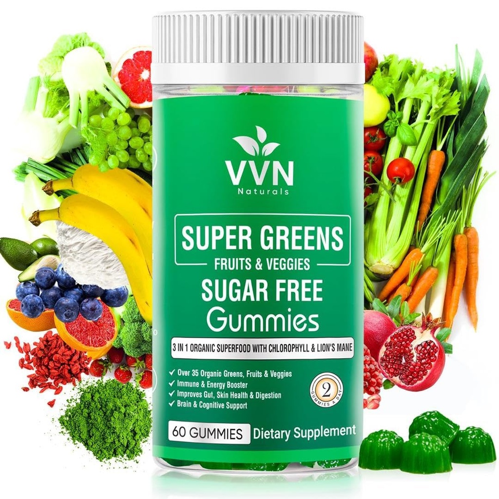 Sugar-Free Real Organic Fruits, Super Greens ve Veggies Gummies | 35+ Immunity, Skin Health & Energy Boost|60 Vegan Gummies, Meyveler ve Sebzeler