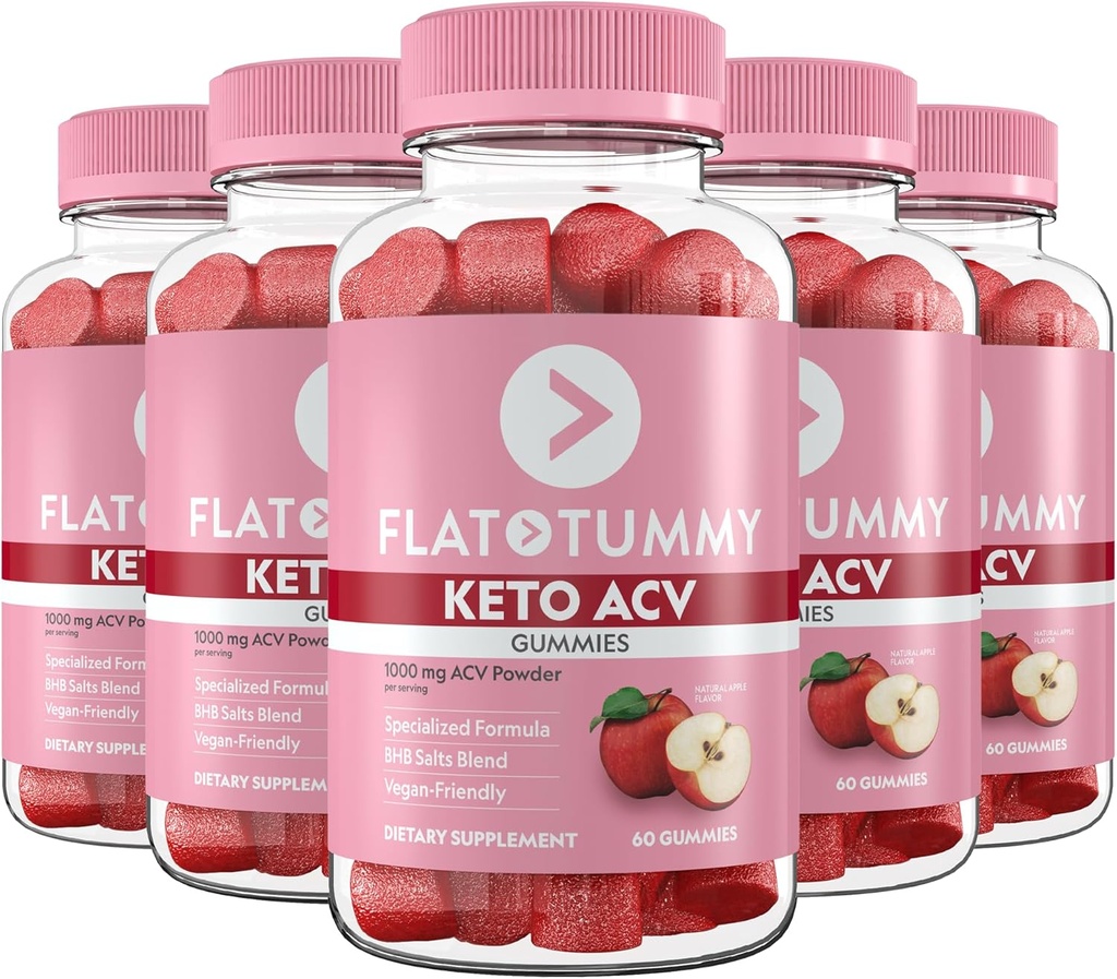 Flat Tummy Keto ACV Gummies, 60 Kont - Özelleştirilmiş Formula, Post GLP-1 Keto Supplement, Vegan-Friendly, Non-GMO - Apple Cider Vinegar Gummies, BHB Salts, Beet, Pomegranate Superfood Tozlar (5 Pack)