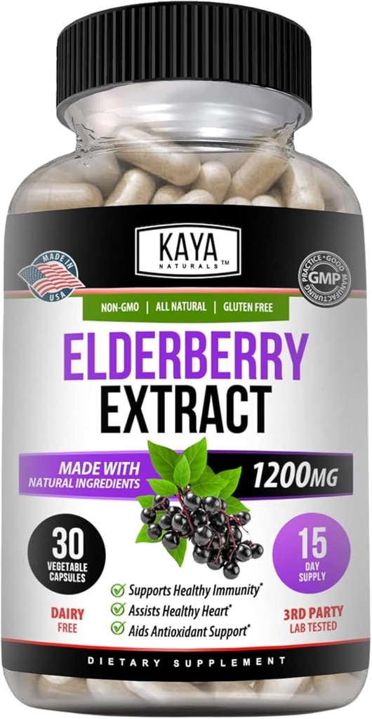Kaya Naturals Υποστήριξη του ανοσοποιητικού - Elderberry Extract, Πλούσιες Αντιοξειδωτικές Premium Βιταμίνες, 1200mg Αναμνηστική κάψουλες του ανοσοποιητικού συστήματος Sambucus - 30 Count