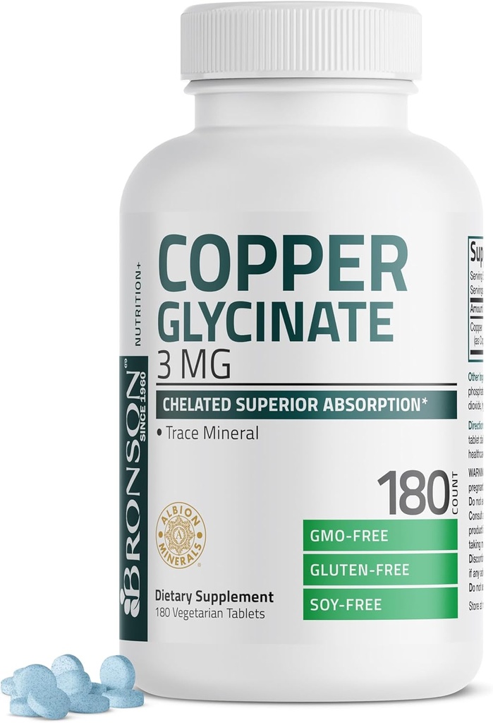 Bronson Copper Glycinate 3 mg Chelated Superior Abxia Non-GMO, 180 Vegetarian Tabletler