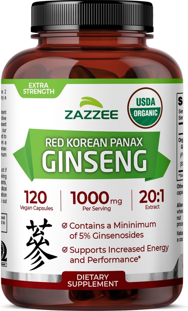 Zazzee USDA Organic Red Korean Panax Ginseng 20:1 Extract, 1000 mg, 5% Ginsenosides, 120 κάψουλες Vegan, Standardized and Concentred 20X Root Extract, 100% χορτοφαγικά, όλα φυσικά, Made in The USA