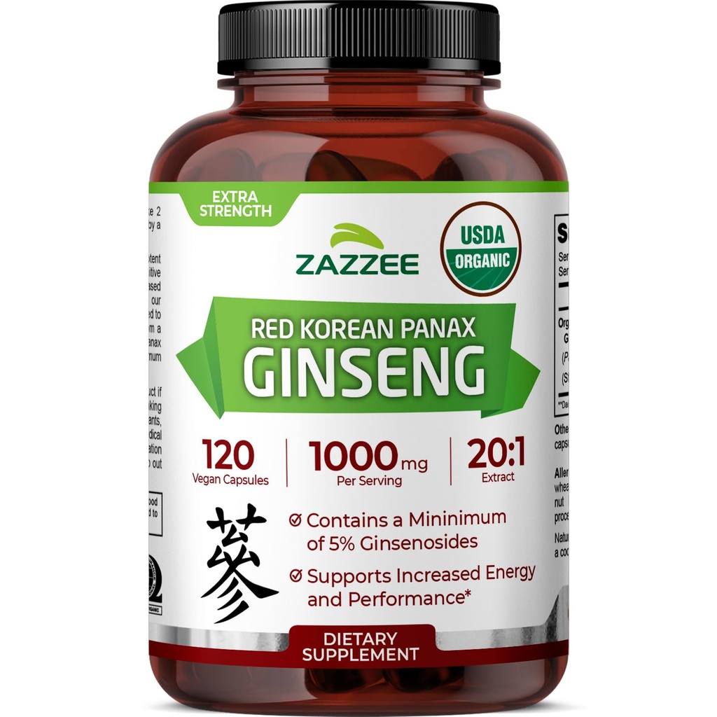 Zazzee USDA Organik Red Koreli Panax BTC 20:1 Ekstraksiyon, 1000 mg,% Ginsenosides, 120 Vegan Capsules, Standardized and Interd 20X Root Extract, 100% Vegetarian, All- Natural, Made in the USA