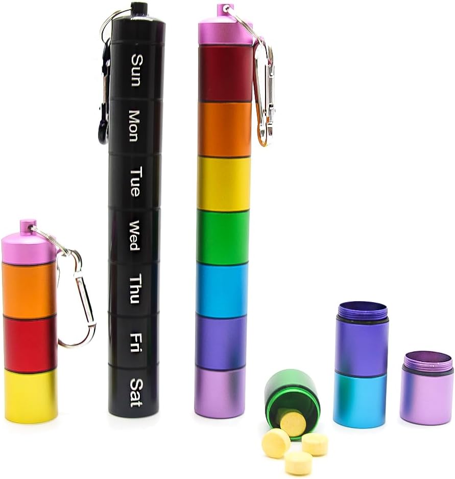 2 PCS Metal Seyahat Pill Organizer Büyük - Haftalık Rainbow Pill Case +7 Day Pill Organizer-Waterproof Pill Box Konteyner - Compact ve Dayanıklı Tıp Organizecı