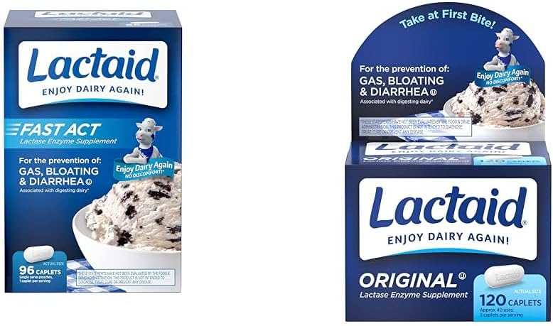 Lactaid Fast Act Lactose intolerance Relief Caplets with Lactase Enzyme & Original Strength Lactose intolerance Relief Caplets with Natural Lactase Enzyme