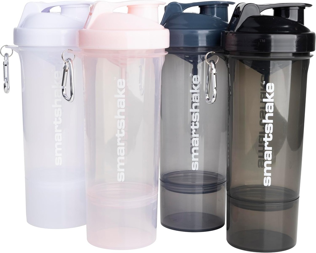 Smartshake Slim 4-Pack Protein Shaker Şişe 400 ml | 13.5 oz - Depolama dahil - Leakproof Vida-on Lid - Honda Free - Unisex - Black, White, Stormy Gray, Cotton Pembe