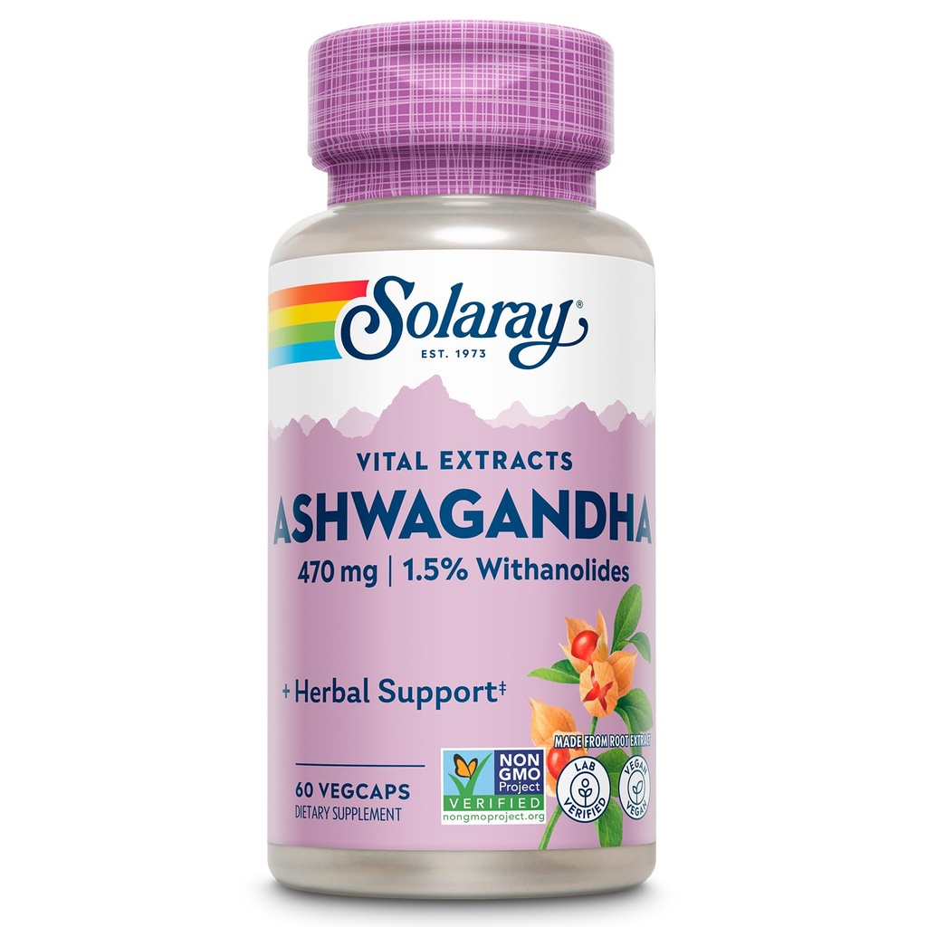 SOLARAY Vital Extracts Ashwagandha 470mg - Ισχυρό Adaptogen - Ashwagandha Συμπληρώματα w/ 7mg Withanolides, Wellness Support, Vegan, Non-GMO, Lab Επαληθευμένο, 60 ημερών εγγύηση, 60 υπηρεσίες, 60 VegCaps
