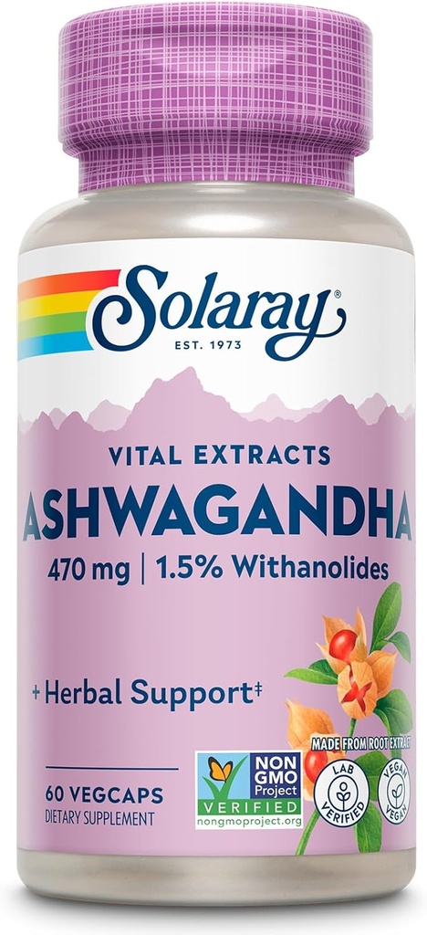 SOLARAY Vital Extracts Ashwagandha 470mg - Ισχυρό Adaptogen - Ashwagandha Συμπληρώματα w/ 7mg Withanolides, Wellness Support, Vegan, Non-GMO, Lab Επαληθευμένο, 60 ημερών εγγύηση, 60 υπηρεσίες, 60 VegCaps