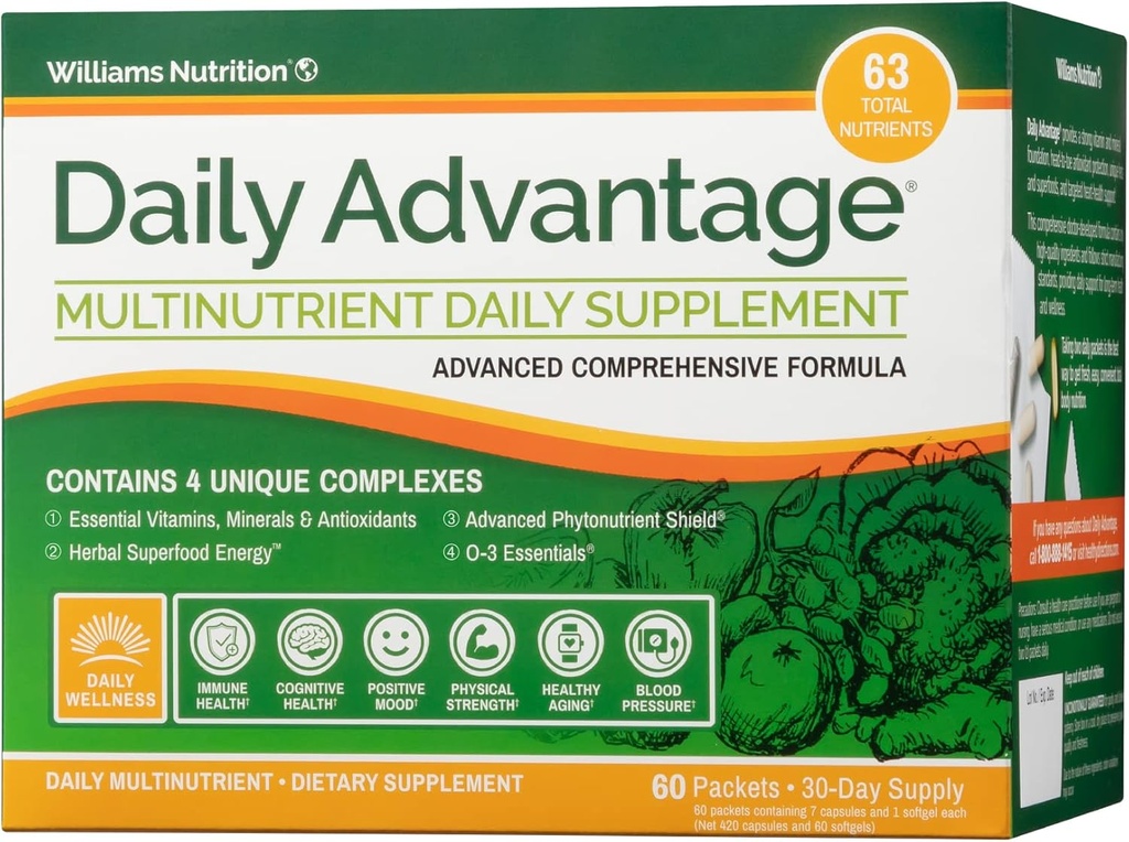 Dr. David Williams'ın Günlük Avantajı Immune, Cardio ve Biliş Sağlığı ve Toplam Vücut Sağlığı için Çok Amaçlı Vitamin Supplement, 60 Packets