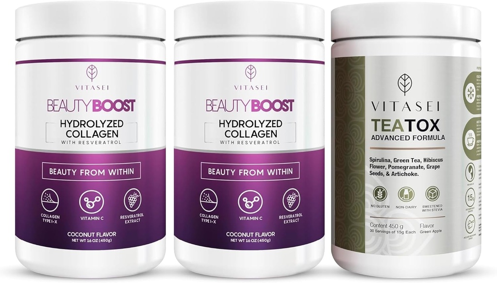 VITASEI Hydrolyzed Collagen Hydro Toz C & Resveratrol ve Teatox Cleanse Support Toz, Digestion ATM W/Green Tea, Spirulina, Artichoke