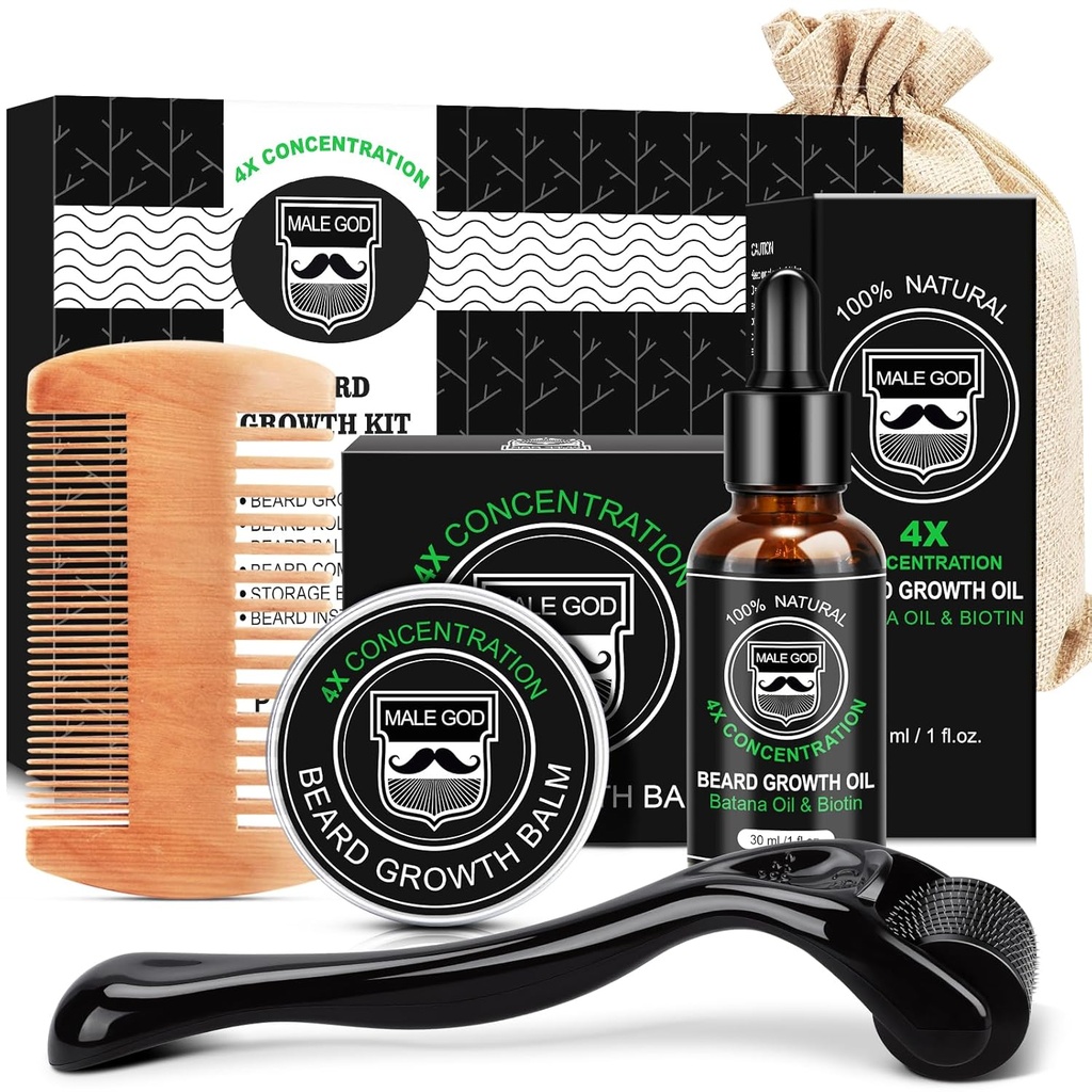 MALE God Beard growth Kit, Beard Kit W/Beard growth Oil, Beard Balm, Beard Comb, Massager for Spot /Patchy Beard, Christmas Things for Men Him Boyfriend Husband