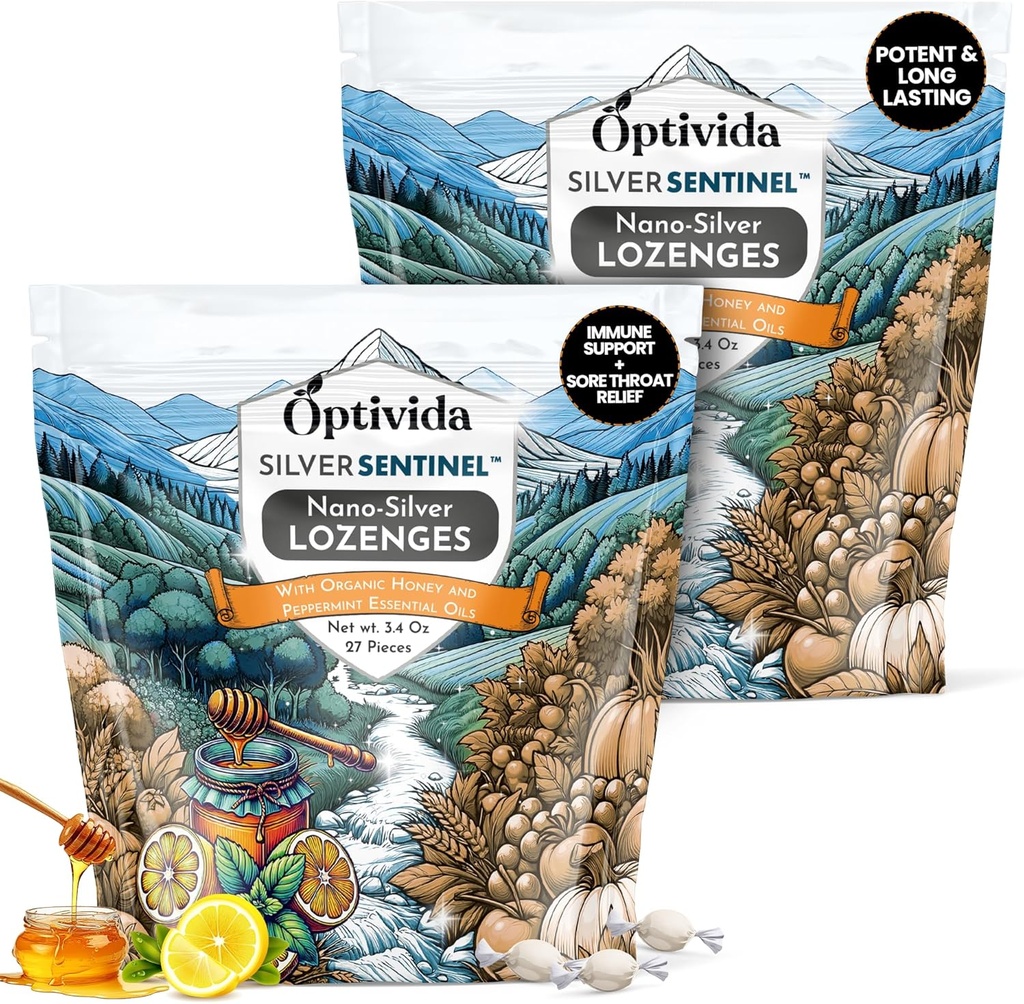 Honey & Lemon Oil (2 Pack) ile Optivida Health Colloidal Silver Lozenges - Soothing Sore Throat Lozenges For Immune Support, 60 Ppm