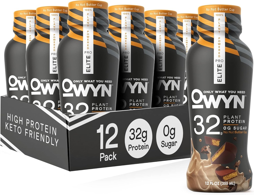 OWYN Only What You Need Pro Elite Vegan High Protein Keto Shake, 32g Protein, 12 Fl Oz (Pack of 12) and Pro Elite Vegan Plant-Based High Protein Keto Shake, No Nut Butter Cup, 32g Protein (Packaging May Vary)