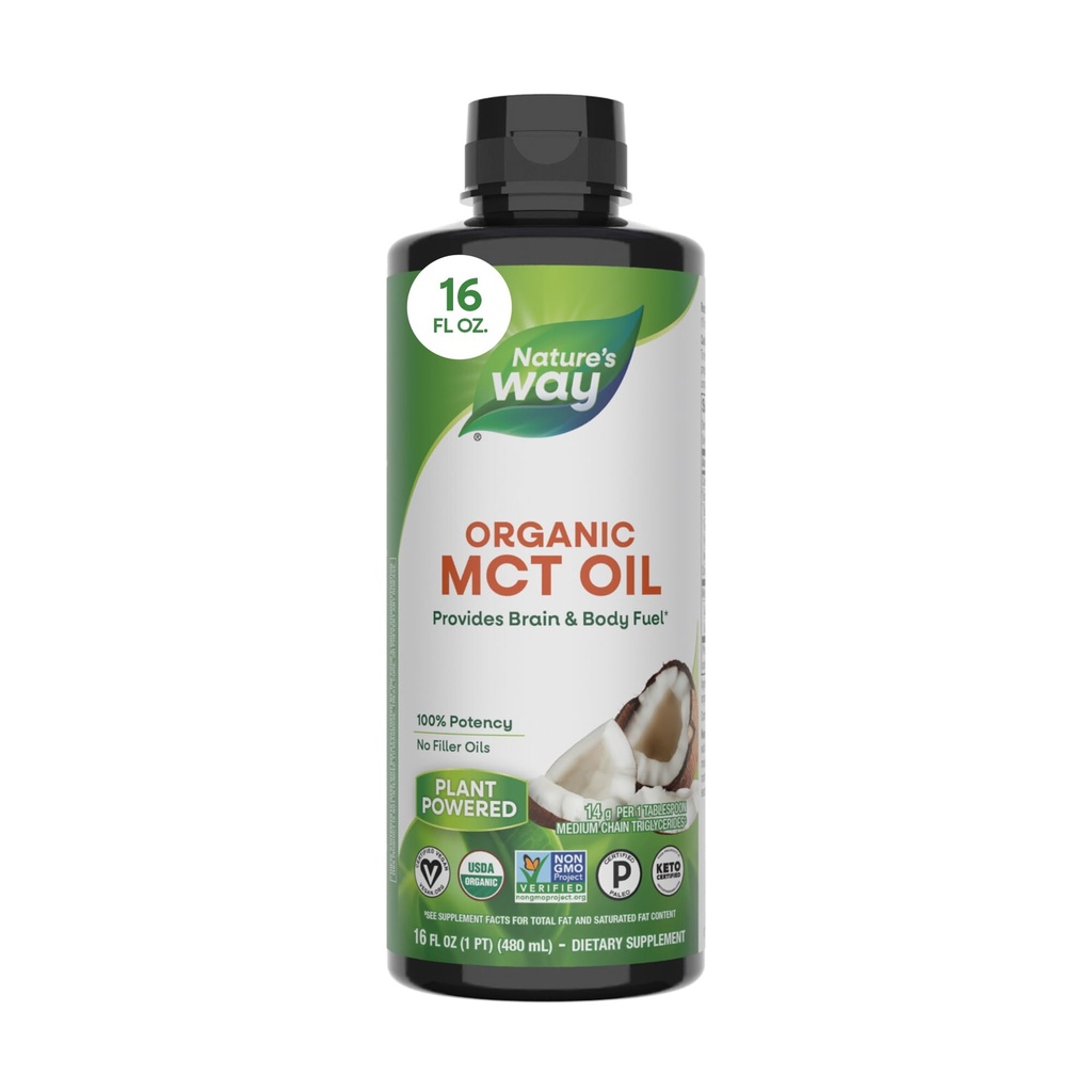 Nature's Way Organic MCT Oil, 16 Fl Oz, Brain and Body Fuel from Coconuts*, C8 Caprylic Acid ve C10 Capric Acid, Chem ve Paleo sertifikalı, Organik, Non-GMO Projesi Doğrulandı