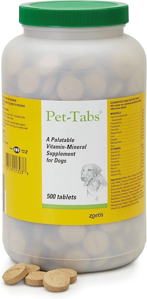 Pet-Tabs Multivitamin and Mineral Supplement for Dogs, Chewable Tablet, 500 Count Bottle for Multidog Household