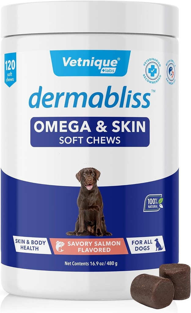 Vetnique Dermabliss Omega & Skin Health Fish Oil for Dogs Soft Chews Sağlıklı Skin & DHA - Hickory Salmon Dog Treats (120 Count Chews)
